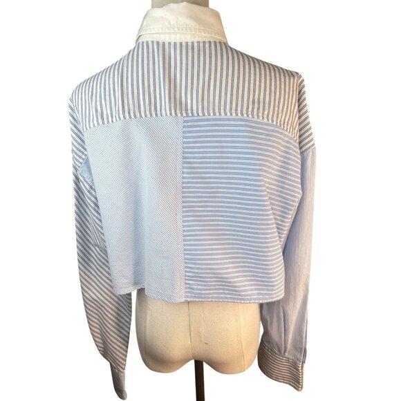 2/$30 ZARA M Cropped Blue & White Striped Cotton Button-Up Shirt Collared Neck - Picture 3 of 12